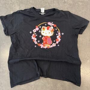 Vintage Y2K Hello Kitty Floral Black Graphic Tee Sanrio Short Sleeve XL